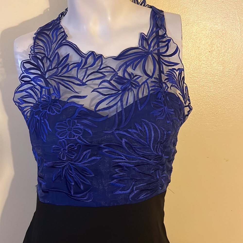 Elegant Sheer Floral Applique Dress in Royal Blue